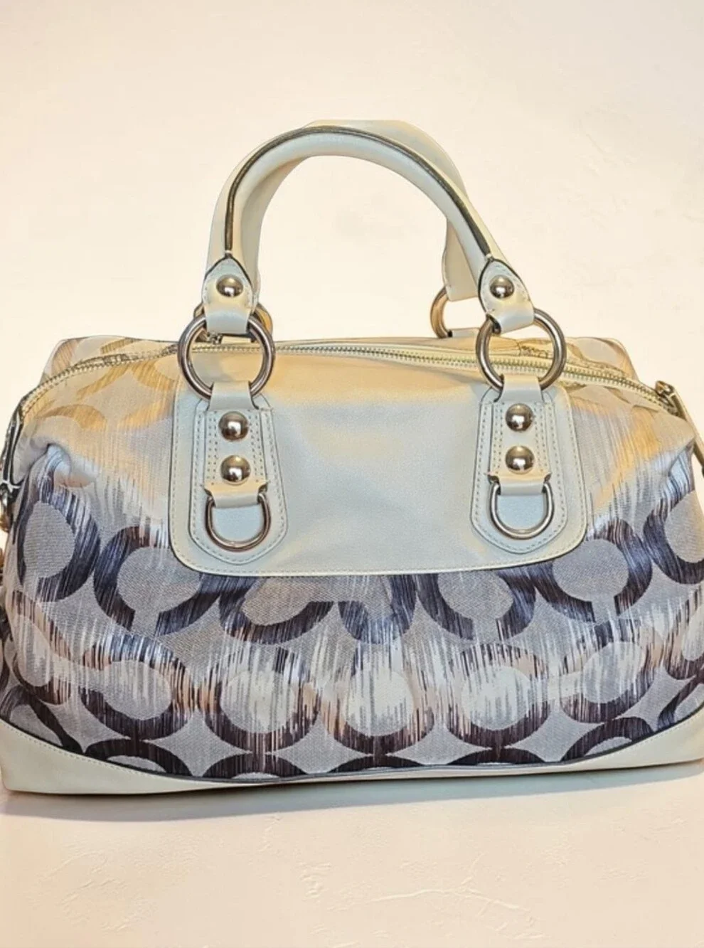 Coach Cream and Gray Signature Satchel with Leather Handles